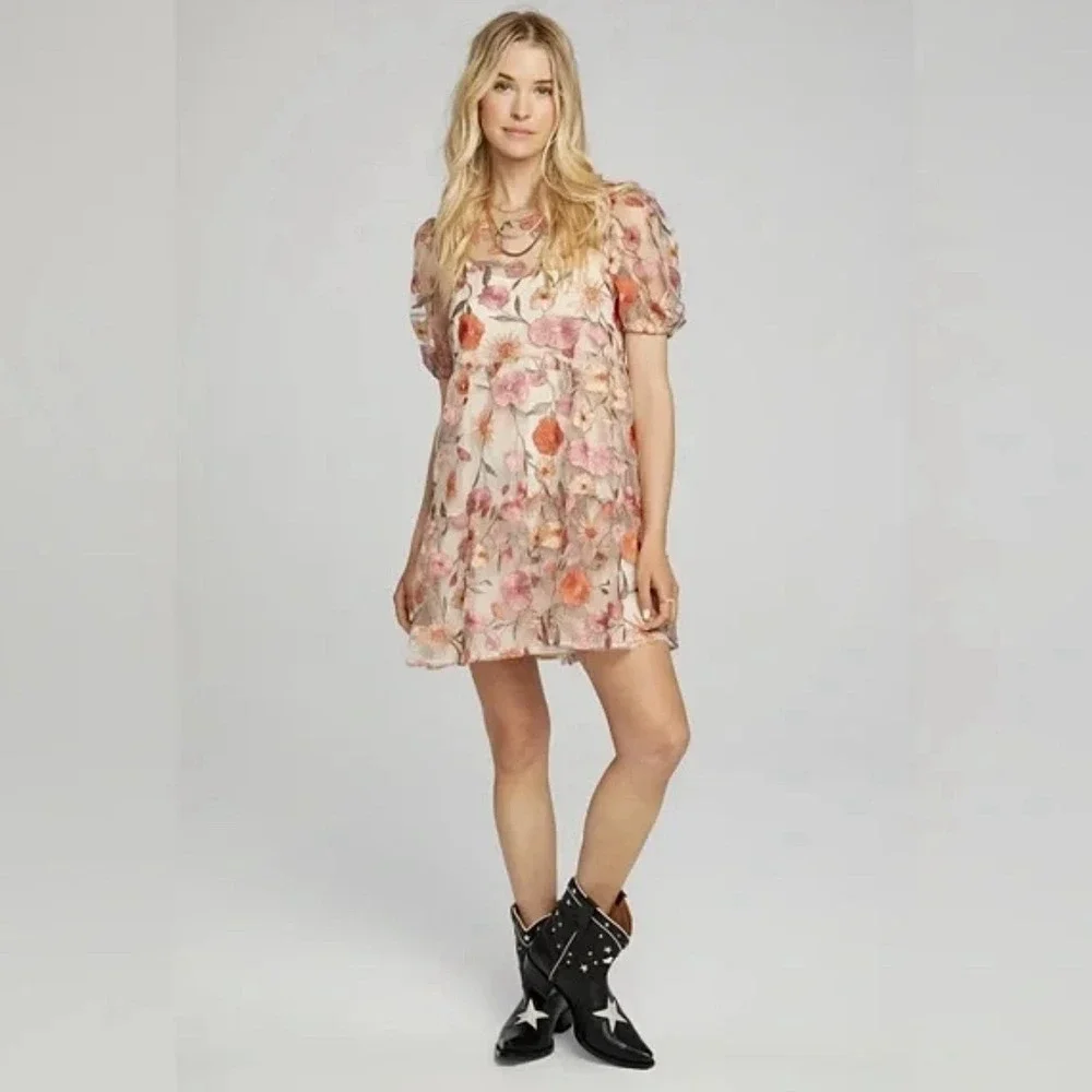 saltwater LUXE Sheer Floral Mini Dress in Pink, Orange, Cream - Picture 2 of 8